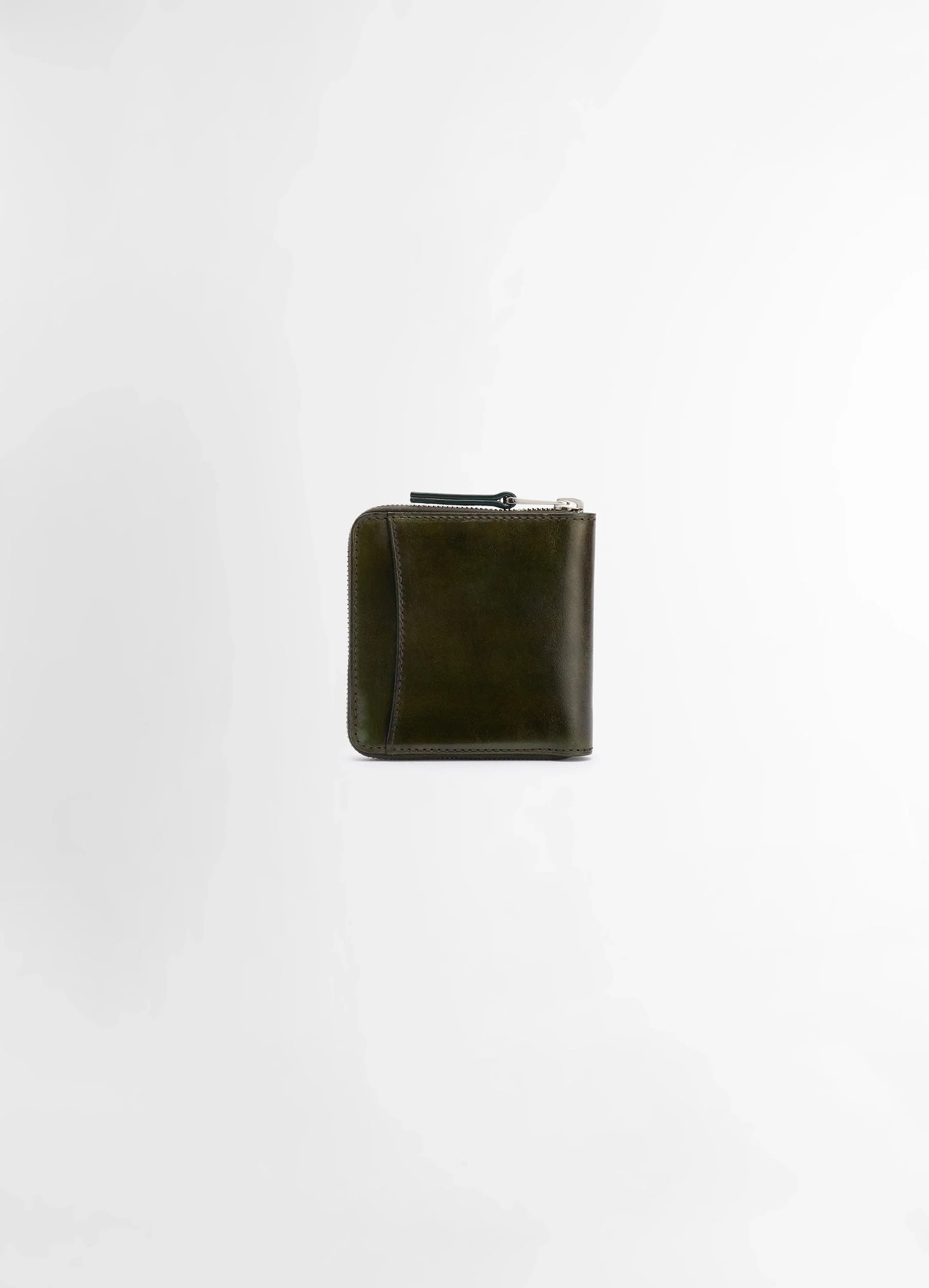 Patina zip compact bi fold in soft black leather, product shot, side view rounded corners