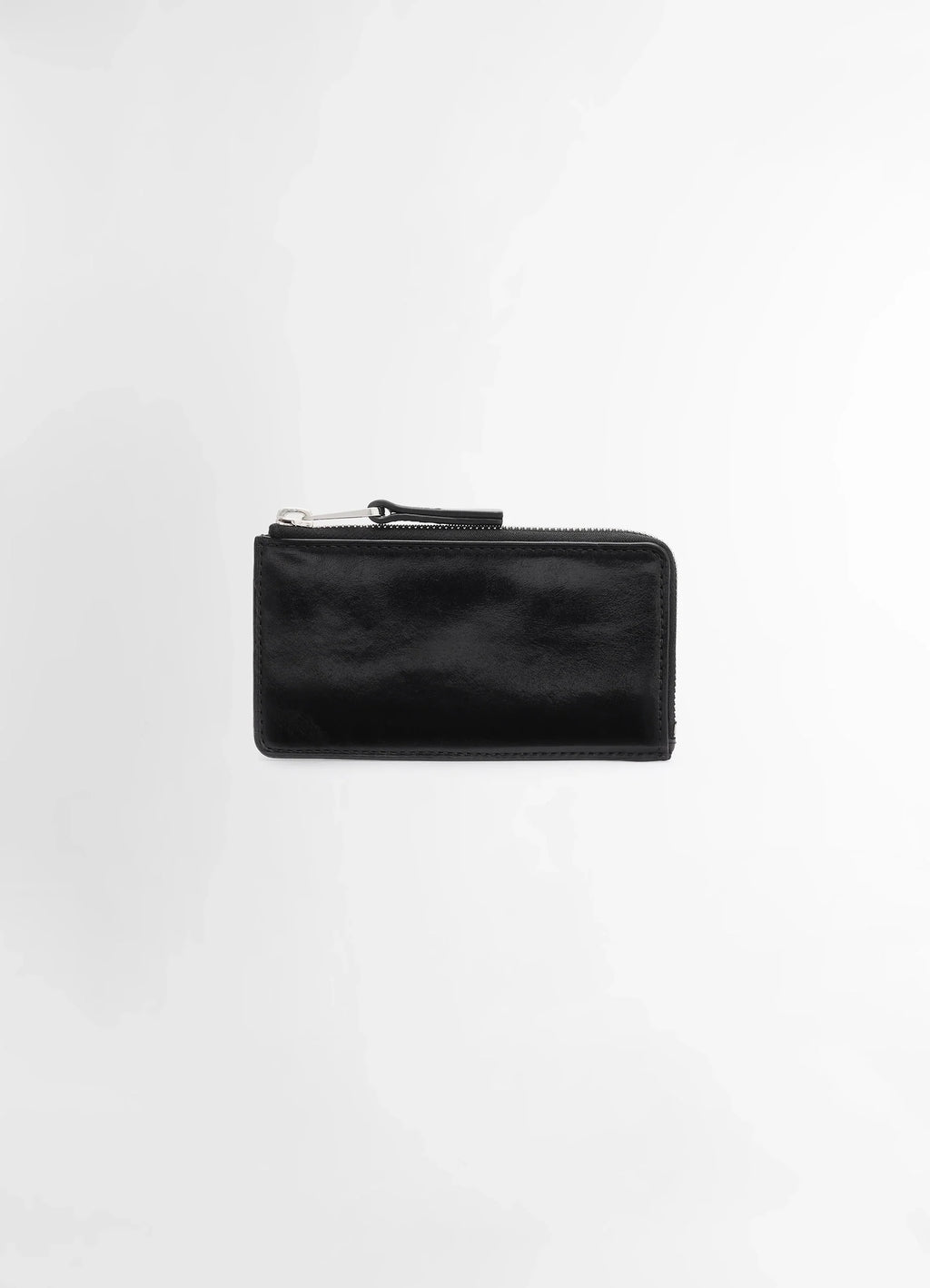 Patina Zip Coin Card Holder in Soft Black Leather, product shot, Front View Zipped Internal Compartment