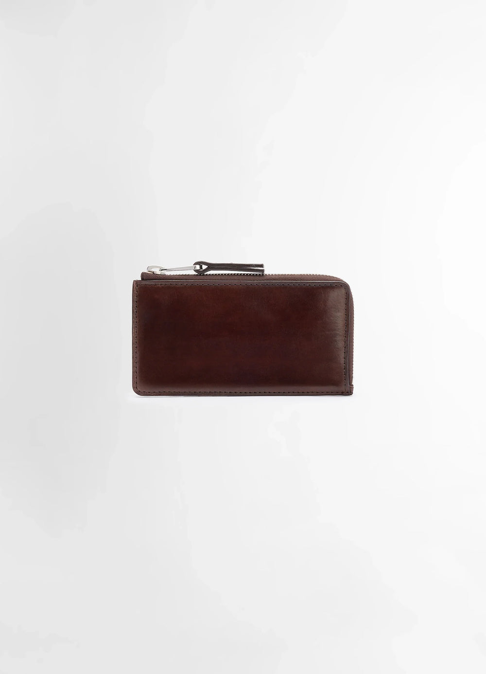 Patina Zip Coin Card Holder in soft black leather, product shot, side view subtle shine