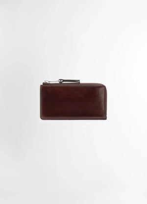 Patina Zip Coin Card Holder in soft black leather, product shot, side view subtle shine