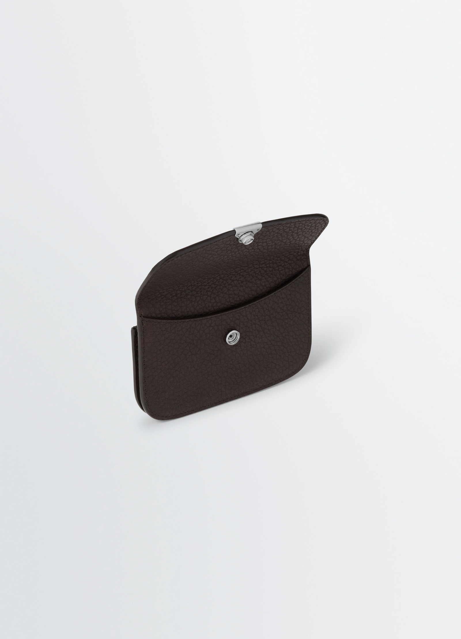 Soft tab card holder coin purse in grained leather, product shot, top angle view open flap detail