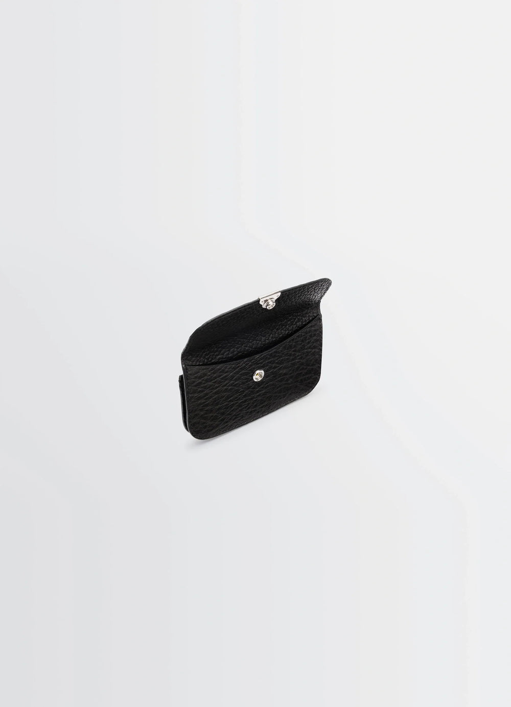 Lemaire Soft Tab Card Holder in Glossy Vegetable-Tanned Leather, product shot, top corner view textured leather finish