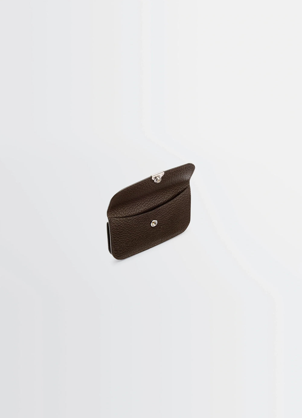 Soft Tab Card Holder Coin Purse in Grained Leather, product shot, side open view flap closure detail