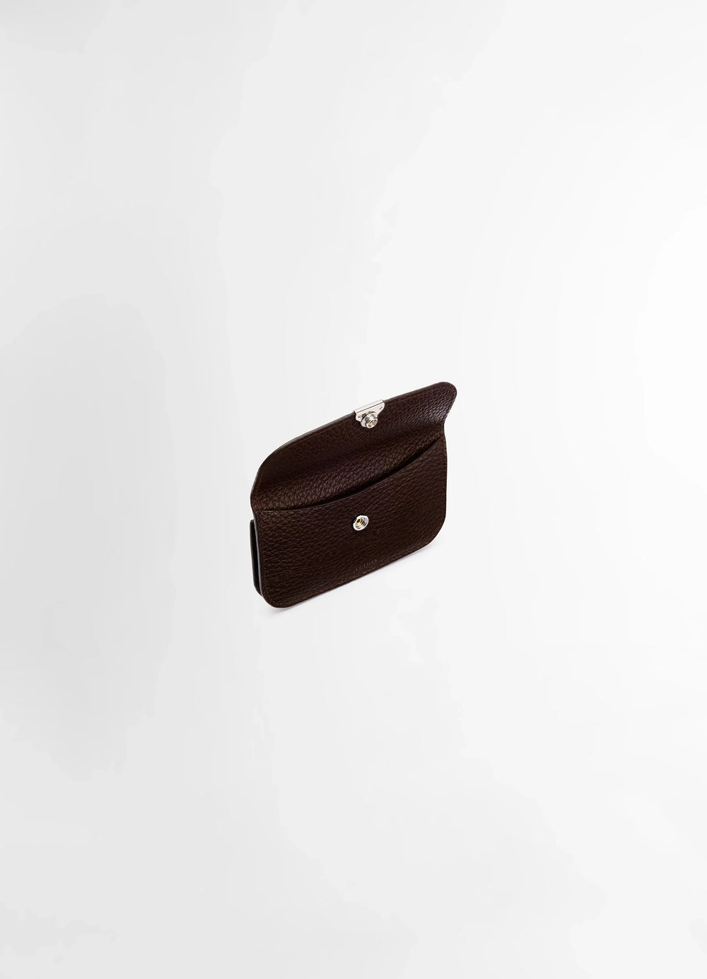 Soft Tab Card Holder Coin Purse in Large grained cow leather, product shot, top angle view open top flap detail
