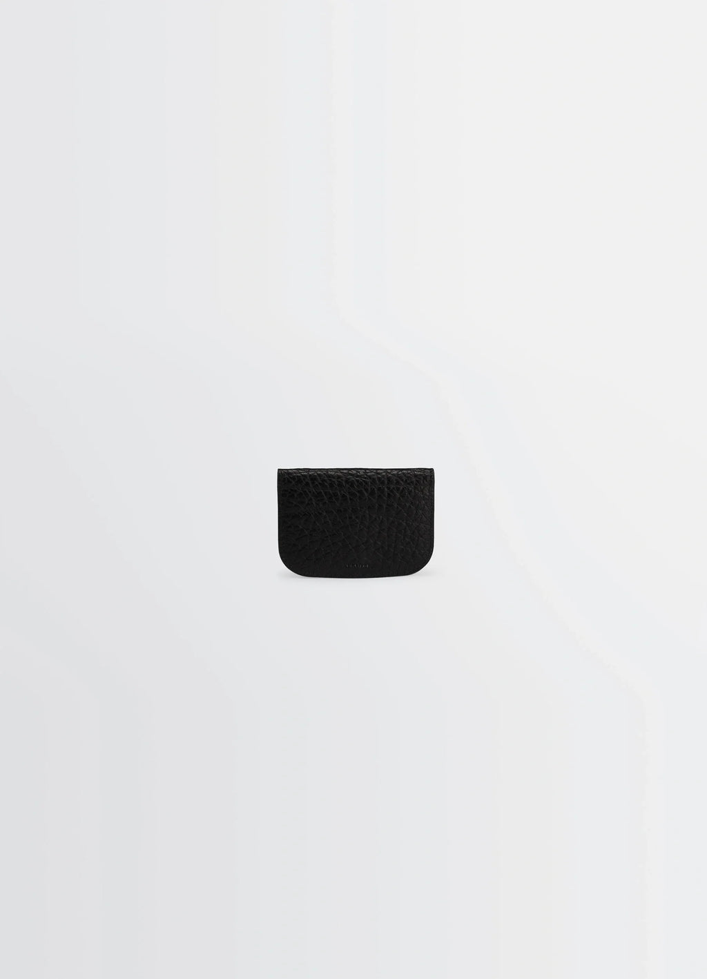 Lemaire Soft Tab Card Holder in Black Grained Leather, product shot, side view curved top edge