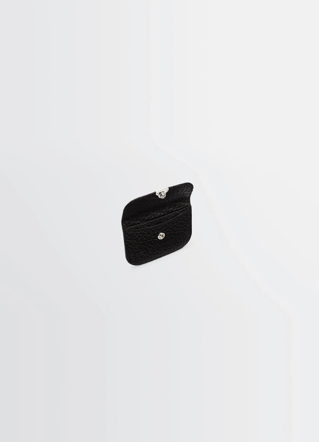 Lemaire Soft Tab Card Holder in Black Grained Leather, product shot, angled top view open flap design