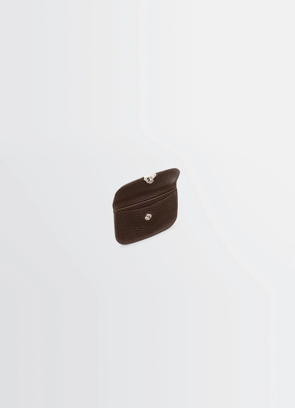 Soft Tab Card Holder in Grained Leather, product shot, top angle open flap, clasp detail