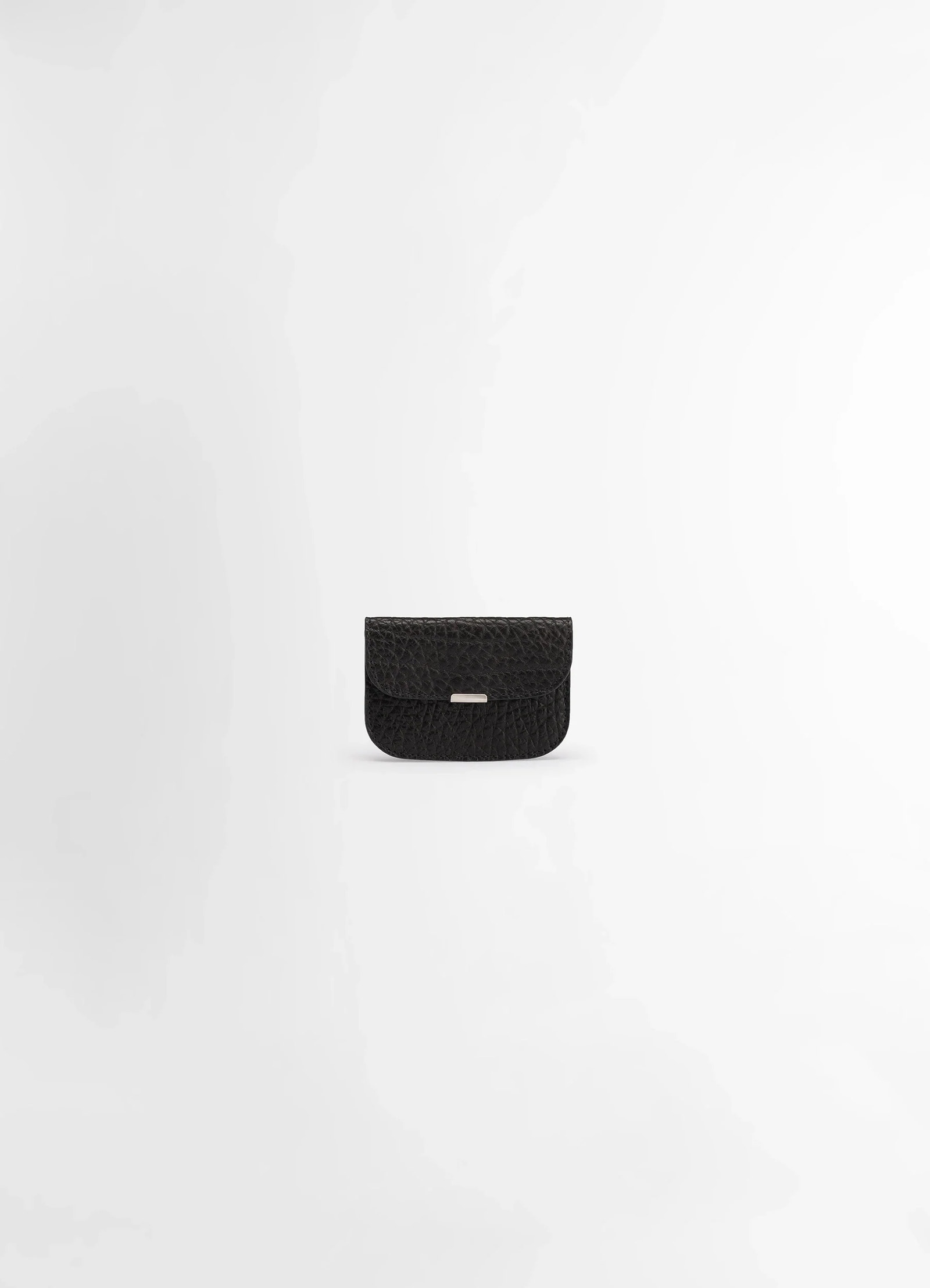 Lemaire soft tab card holder in large grained cow leather, product shot, front view snap closure detail