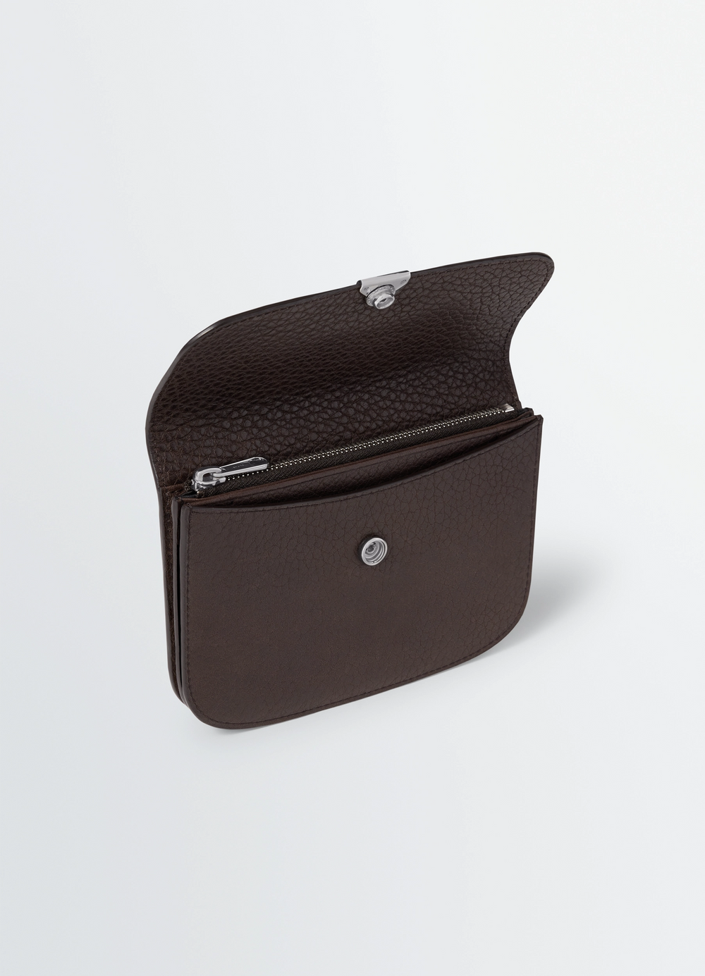 Soft Tab Wallet in Grained Leather, product shot, top open view visible zipper closure