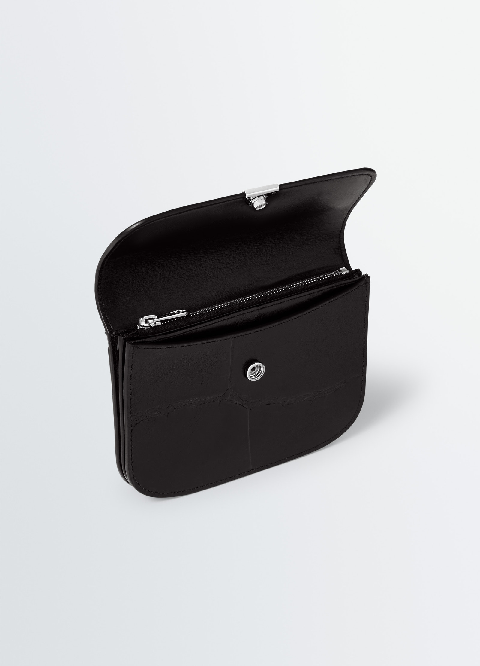 Soft tab wallet in croco-embossed leather, product shot, top angled view open with snap closure