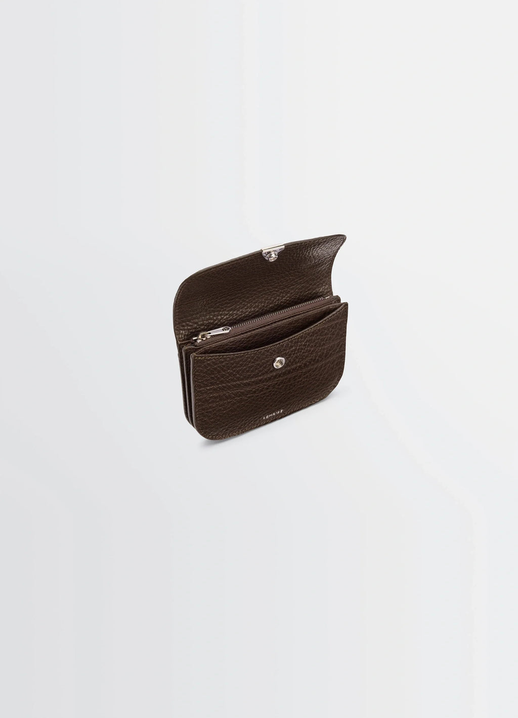 Lemaire Soft Tab Wallet in Grained Leather, product shot, angled top view open flap with clasp