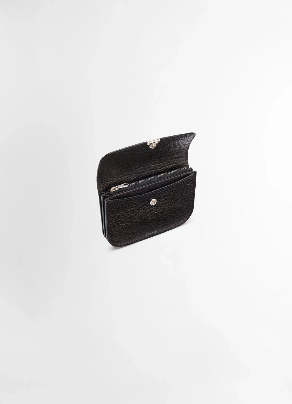 Lemaire Soft Tab Wallet in Large Grained Cow Leather, product shot, angle open view interior zipper detail