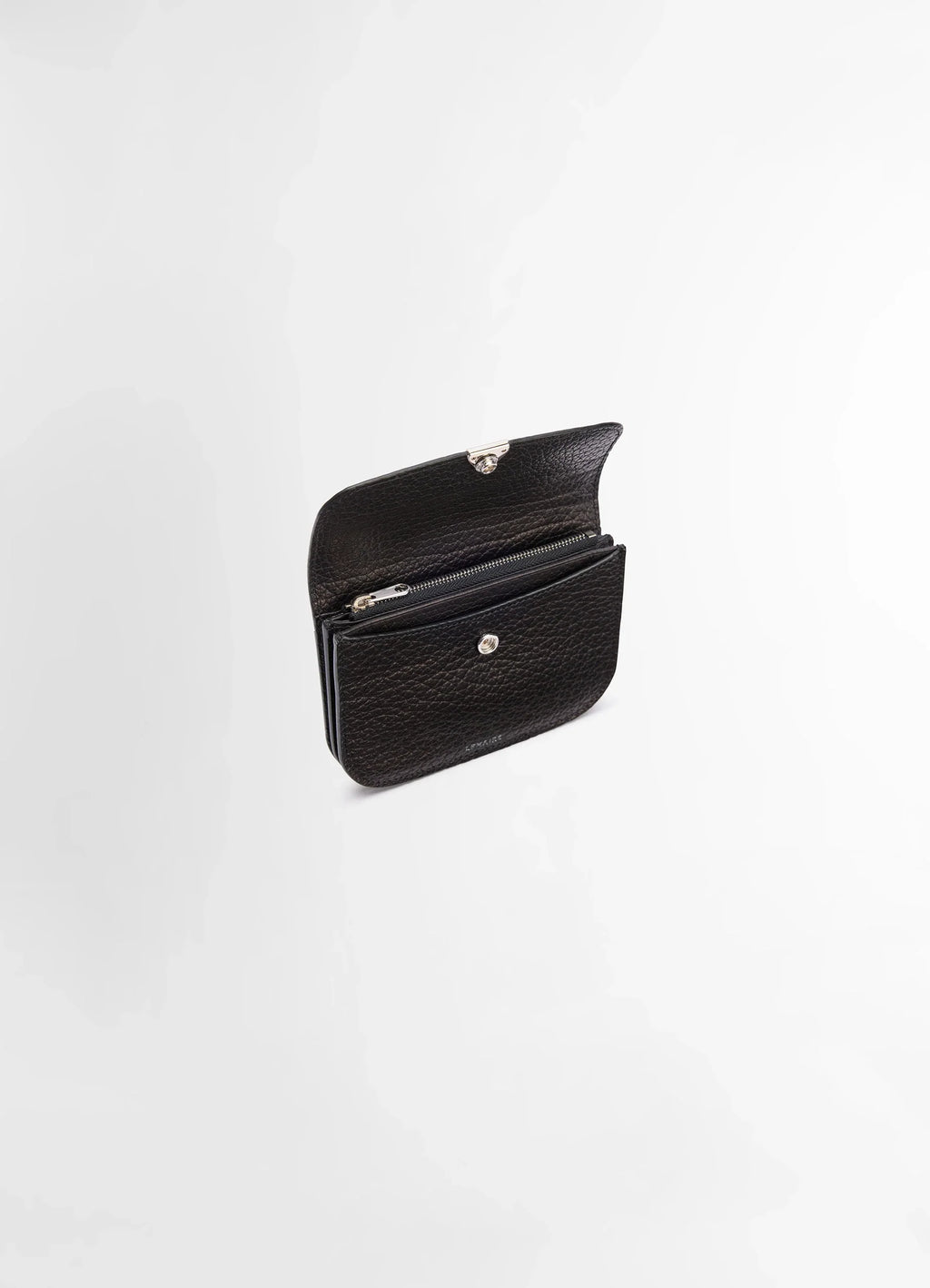 Lemaire Soft Tab Wallet in Large Grained Cow Leather, product shot, angle open view interior zipper detail