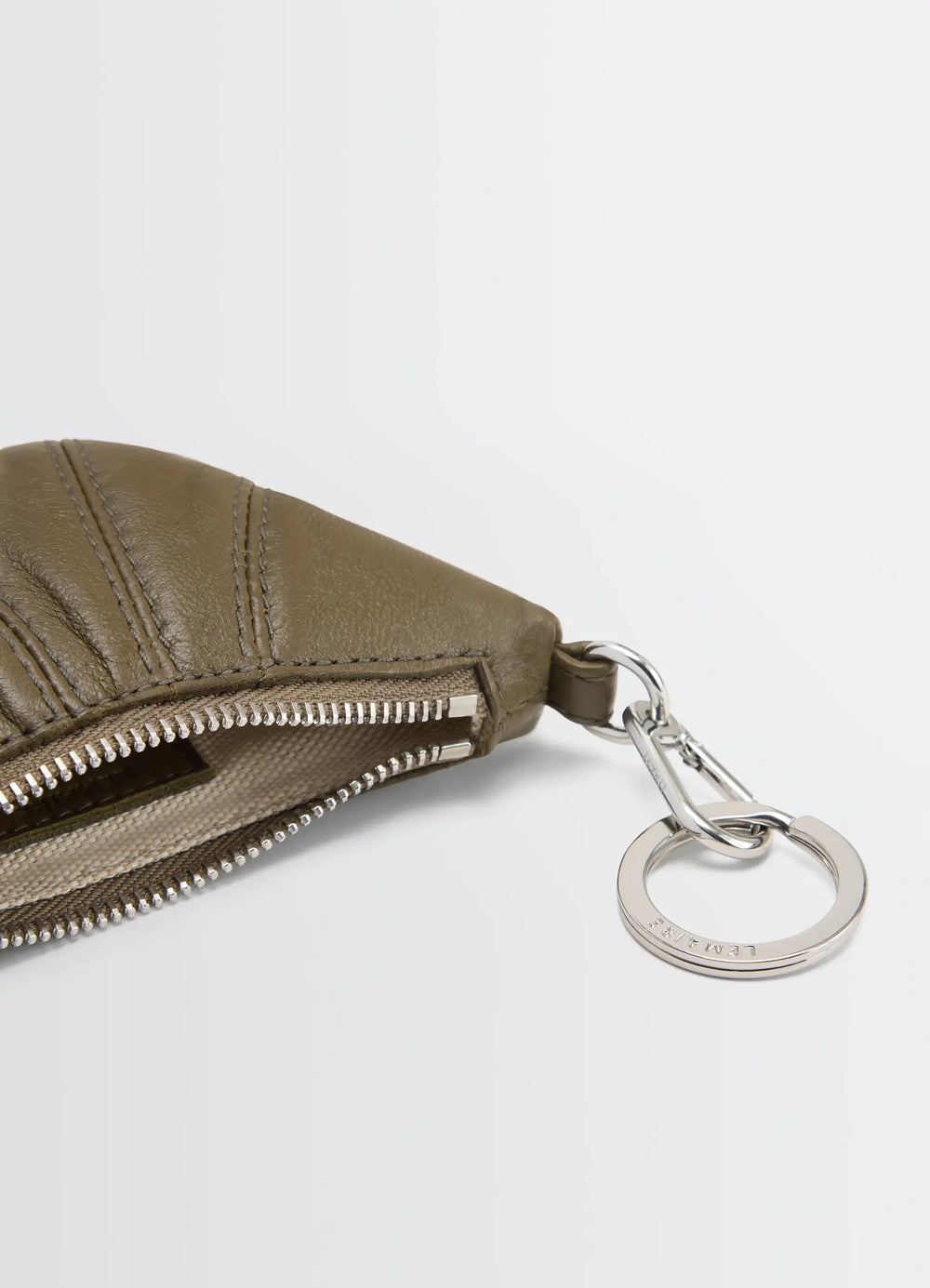 Lemaire Mini Croissant Keyring in Soft Nappa Leather, product shot, detail shot stitched seam design