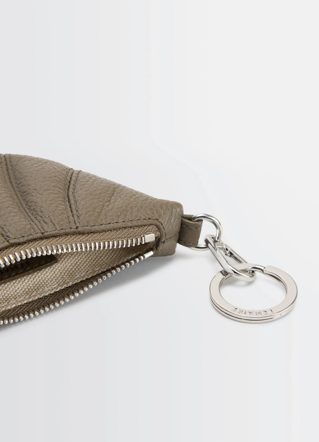 Mini Croissant Keyring in Grained Leather, product shot, detail shot zipper detail