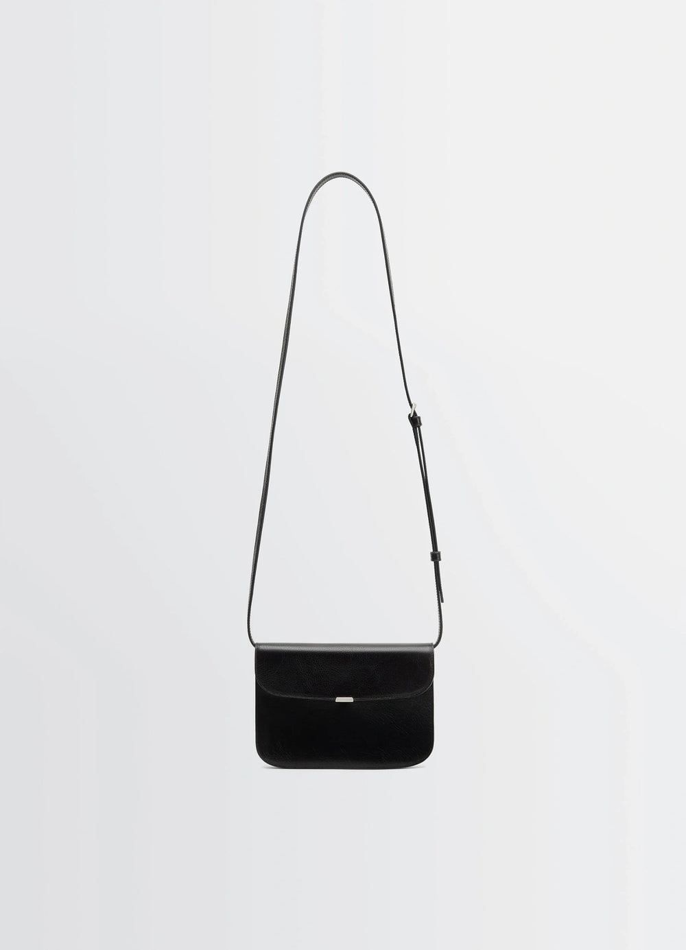 Soft Tab Wallet On Strap in Black Leather, product shot, Front view Adjustable strap