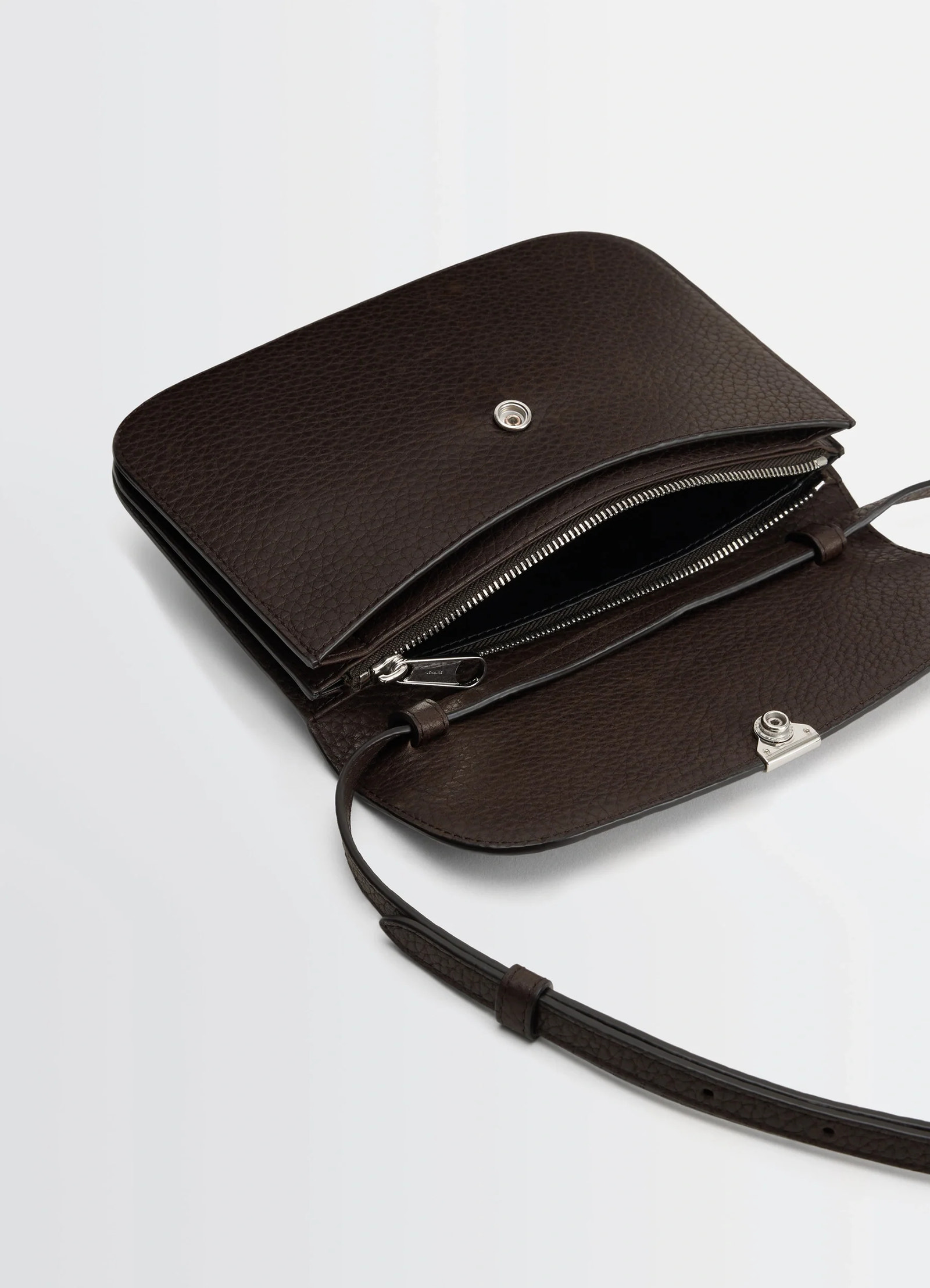 Soft tab wallet on strap in black leather, product shot, top open view textured finish