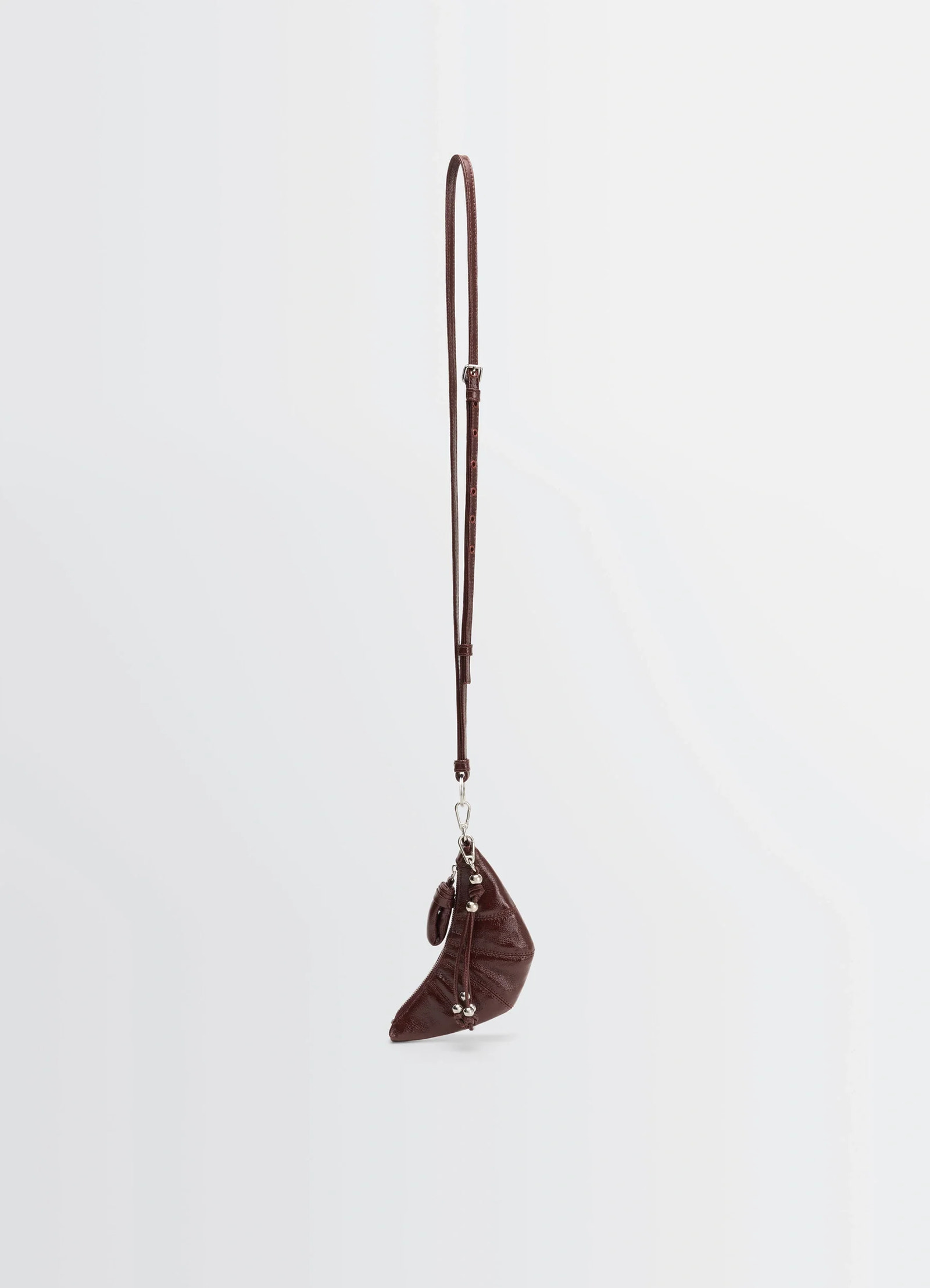 Crossbody croissant coin purse in coated cotton canvas, product shot, side view half-moon shape, infinity charm