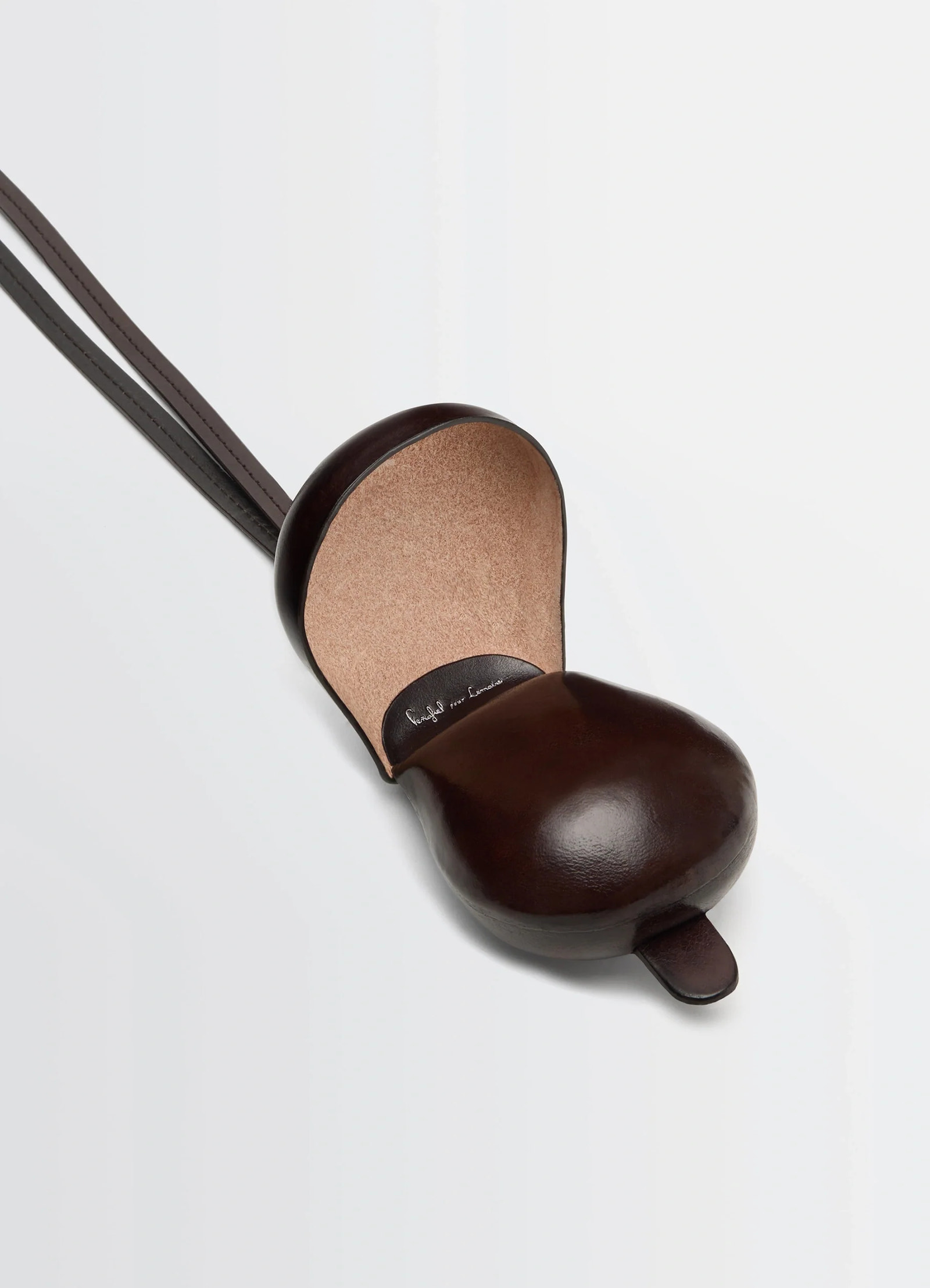Carlos castanet coin purse necklace in molded vegetable-tanned leather, product shot, open top view hinged opening design