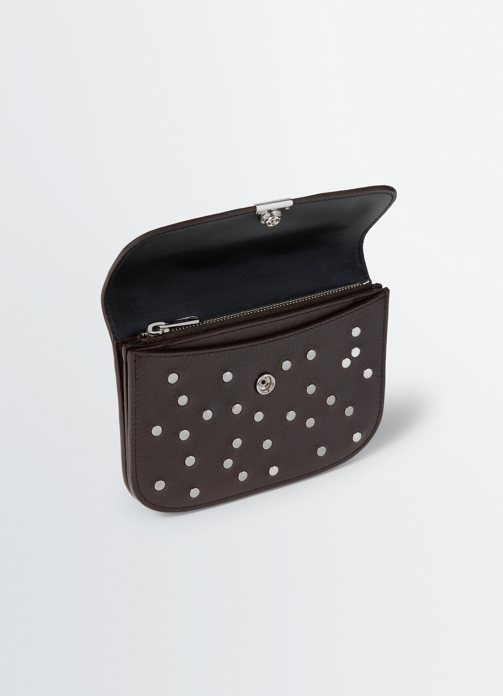 Soft tab studs dots wallet in grained buffalo leather, product shot, top angled view open flap design