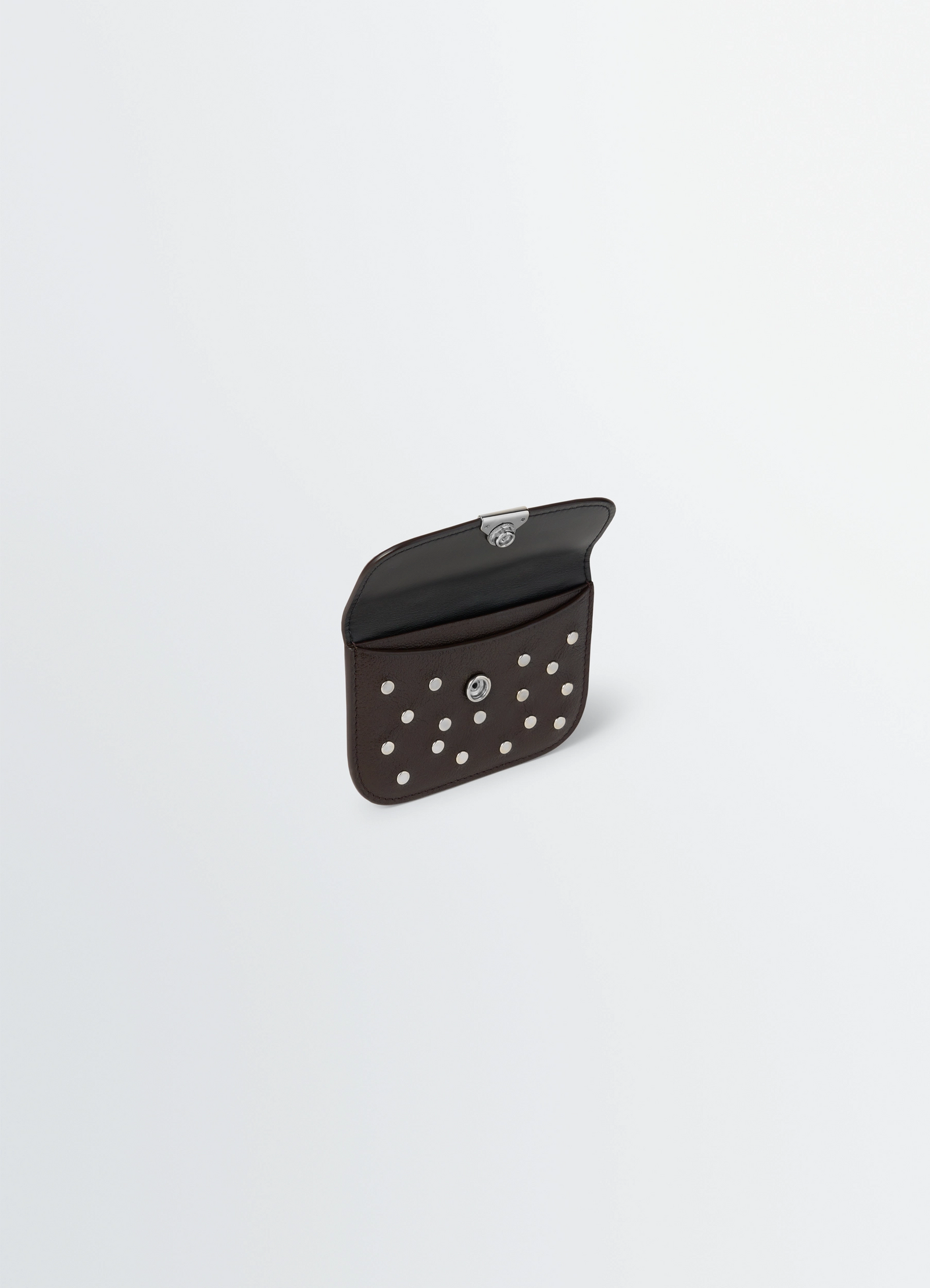 Soft tab studs dots card holder in grained buffalo leather, product shot, angled top view open flap with dots