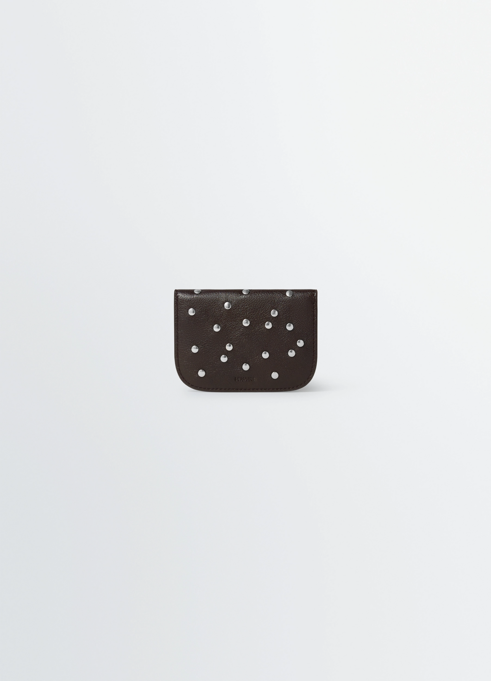 Soft tab studs dots card holder in grained buffalo leather, product shot, side view rounded bottom edge