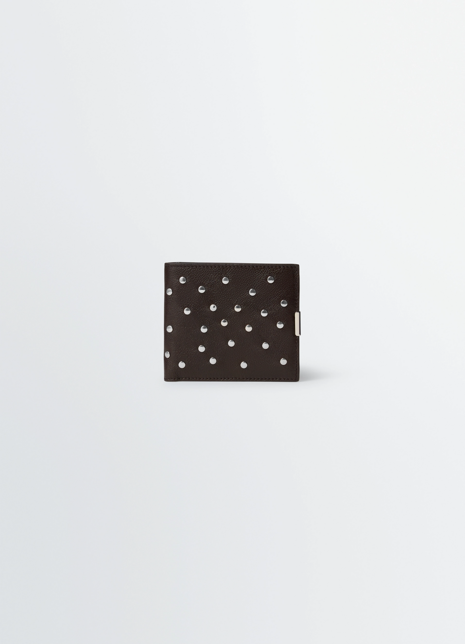 Soft tab studs dots bifold wallet in grained buffalo leather, product shot, front view studs detailing