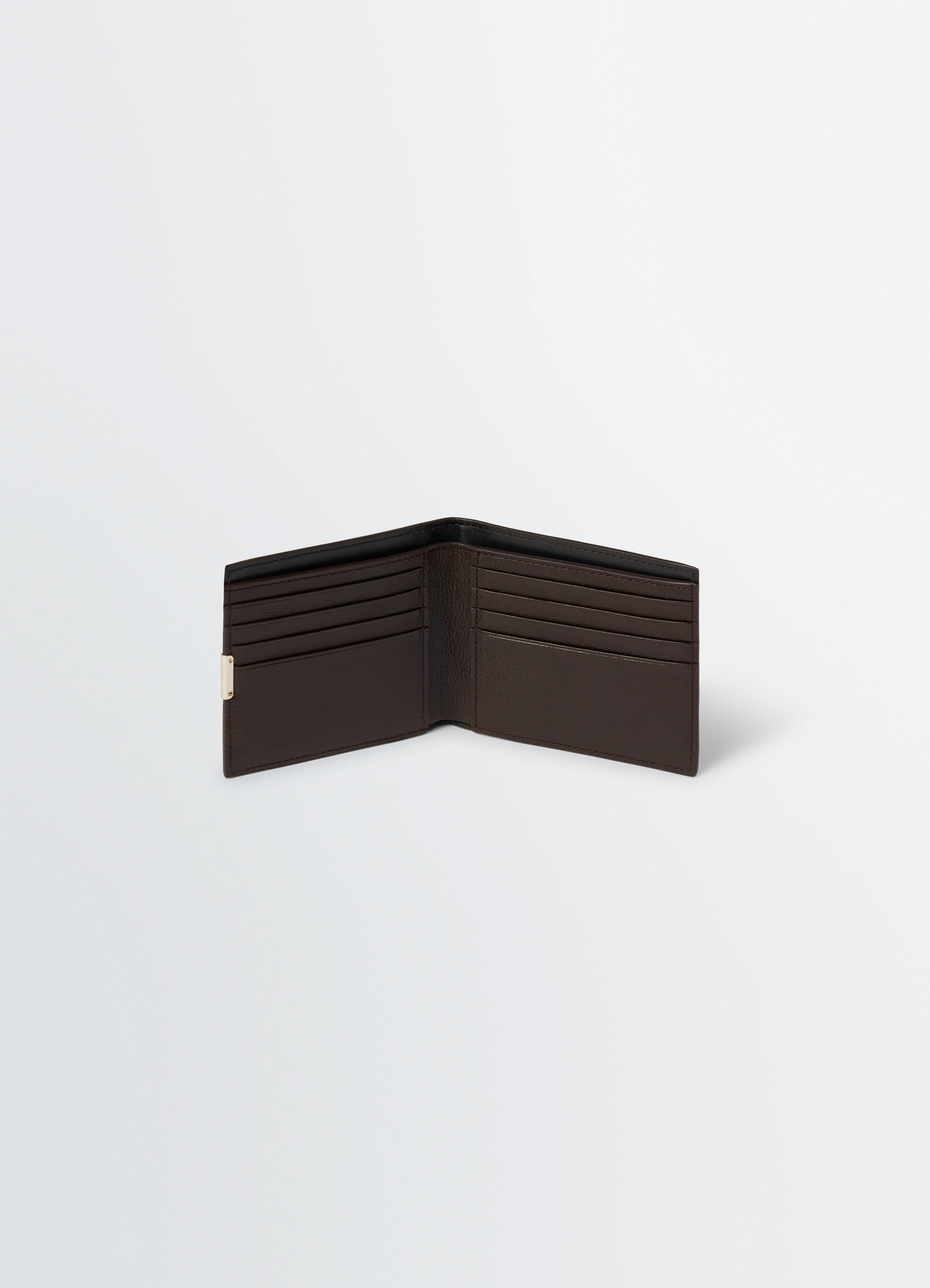 Soft tab studs dots bifold wallet in grained buffalo leather, product shot, open view card slots visible