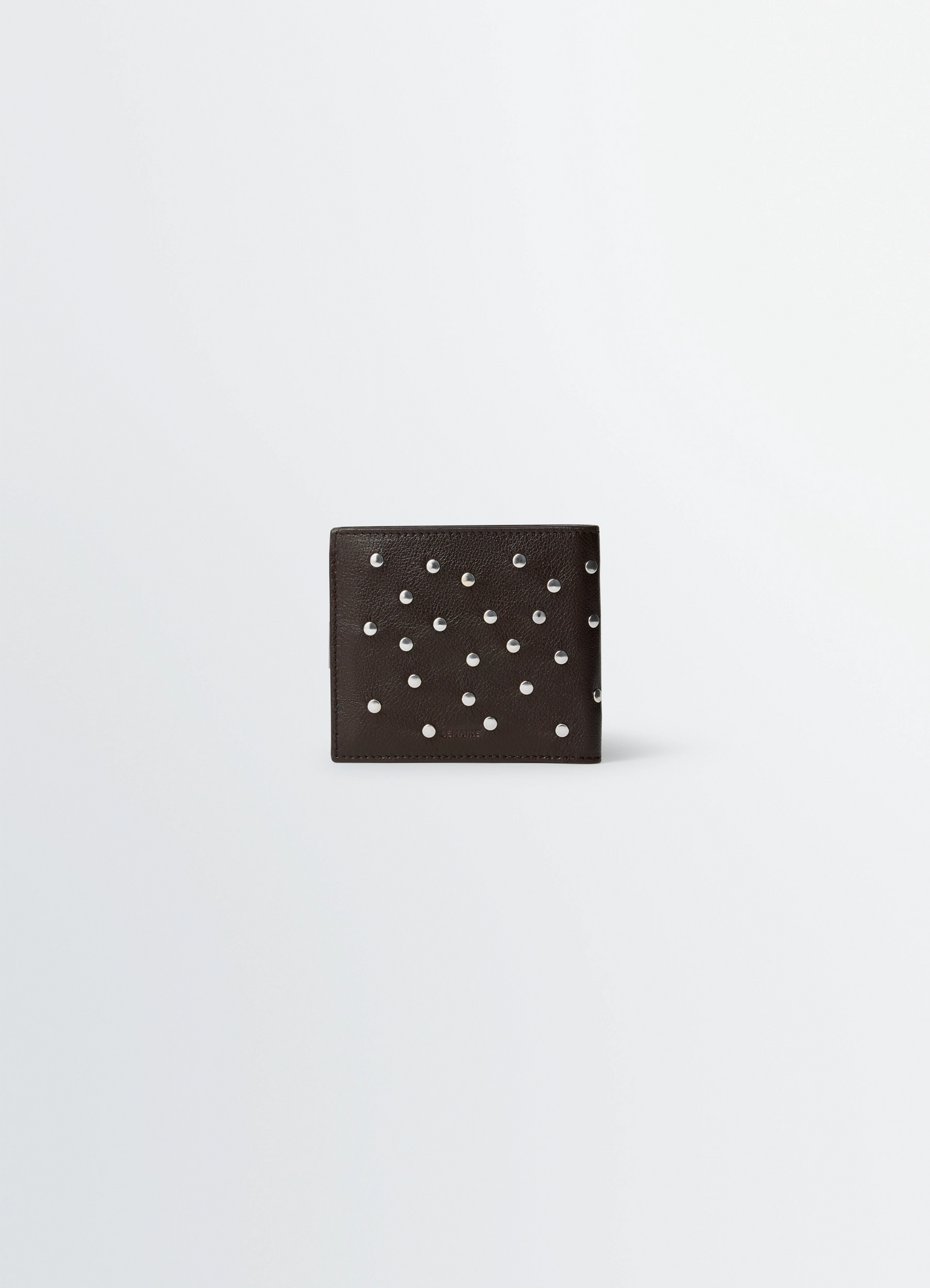 Soft tab studs dots bifold wallet in grained buffalo leather, product shot, side view studs close-up
