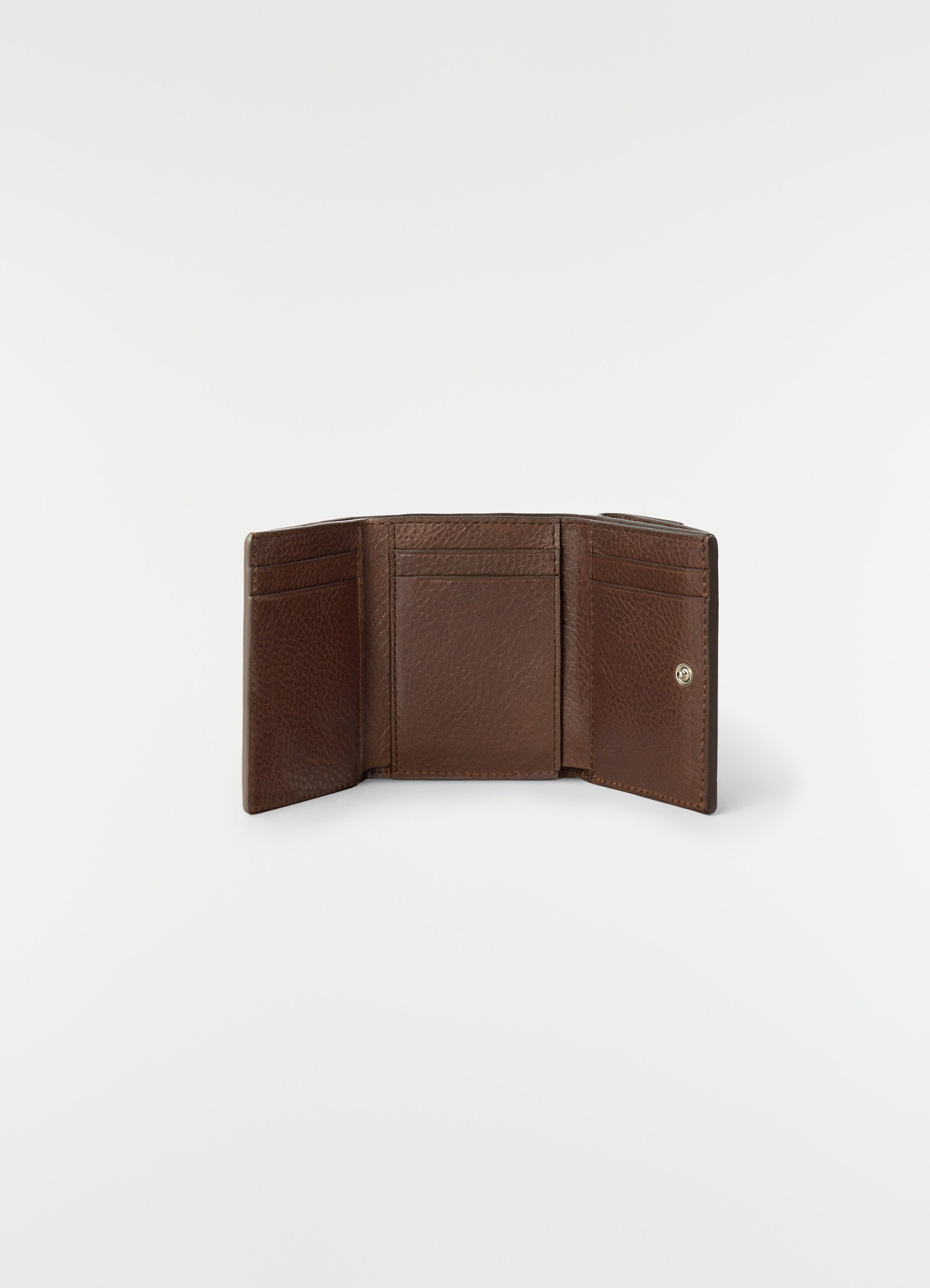 Gear trifold brown leather wallet by lemaire open front view on plain white background
