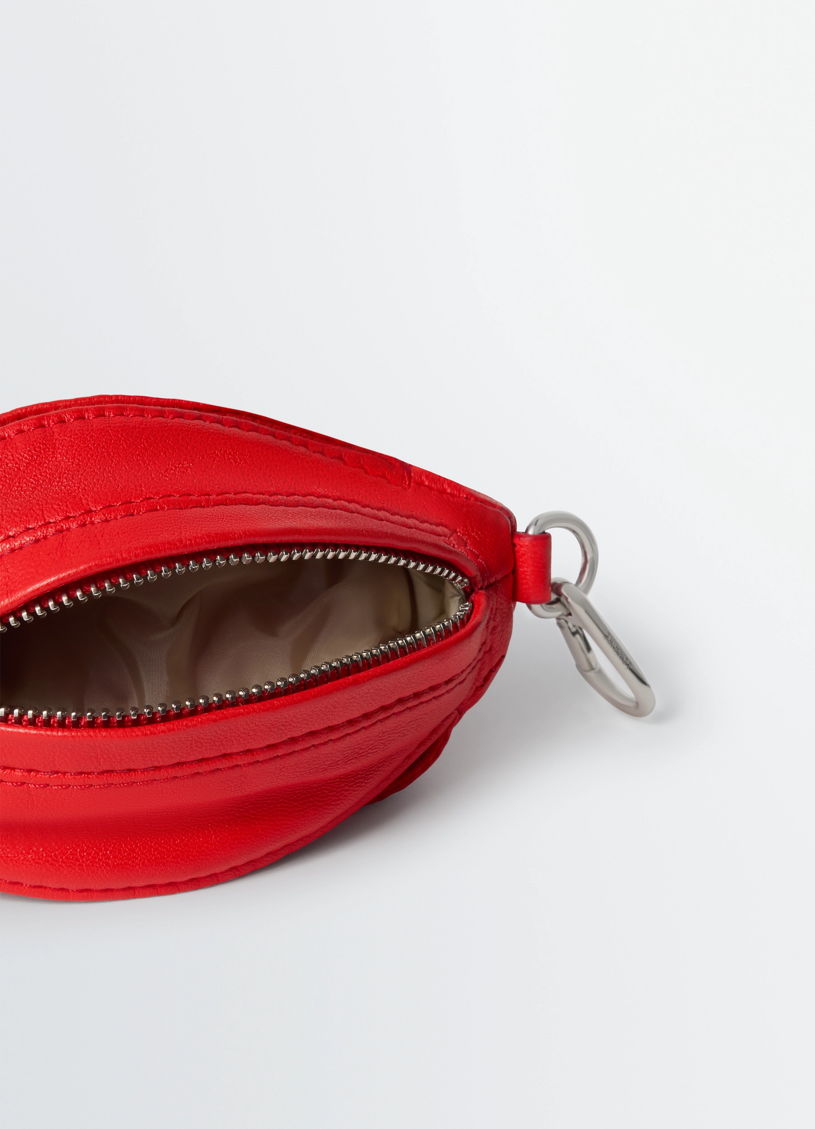 Balloon bag charm in red lamb nappa leather, product shot, top detail shot zippered opening detail