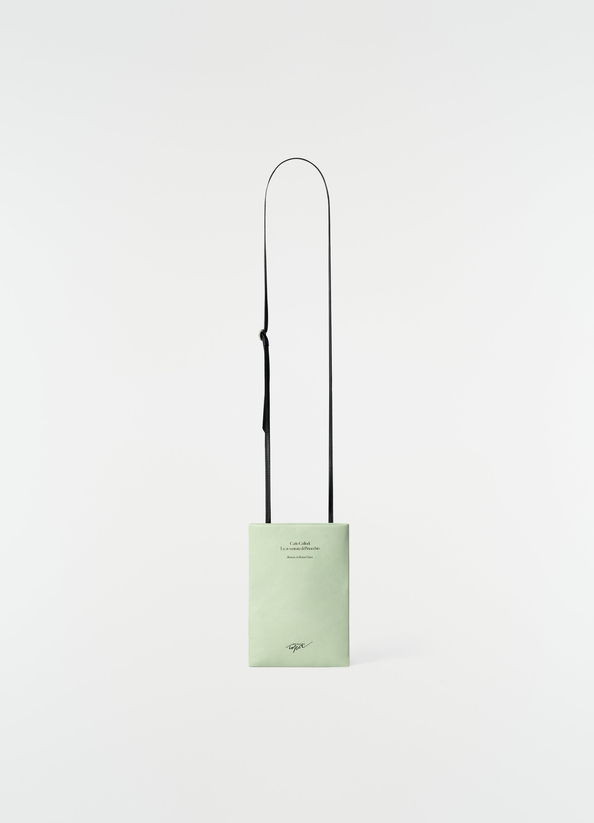Medium mint green leather pouch with black strap and printed text front lemaire plain white background
