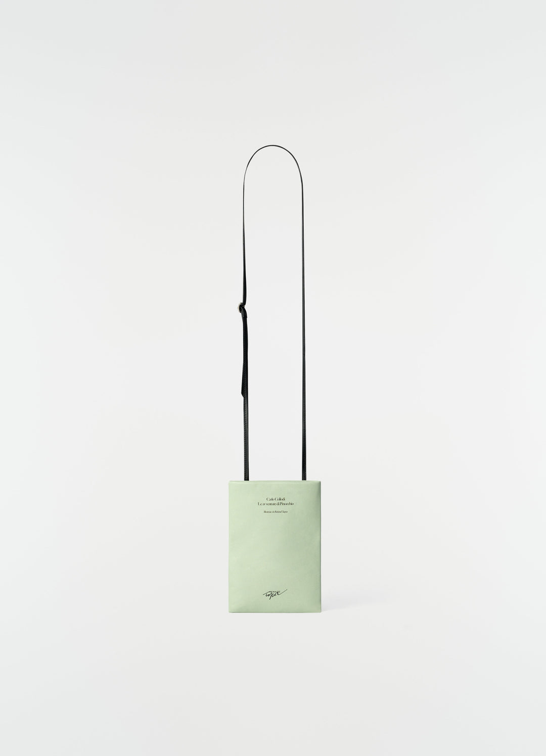 Medium mint green leather pouch with black strap and printed text front LEMAIRE plain white background