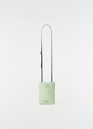 Medium mint green leather pouch with black strap and printed text front lemaire plain white background