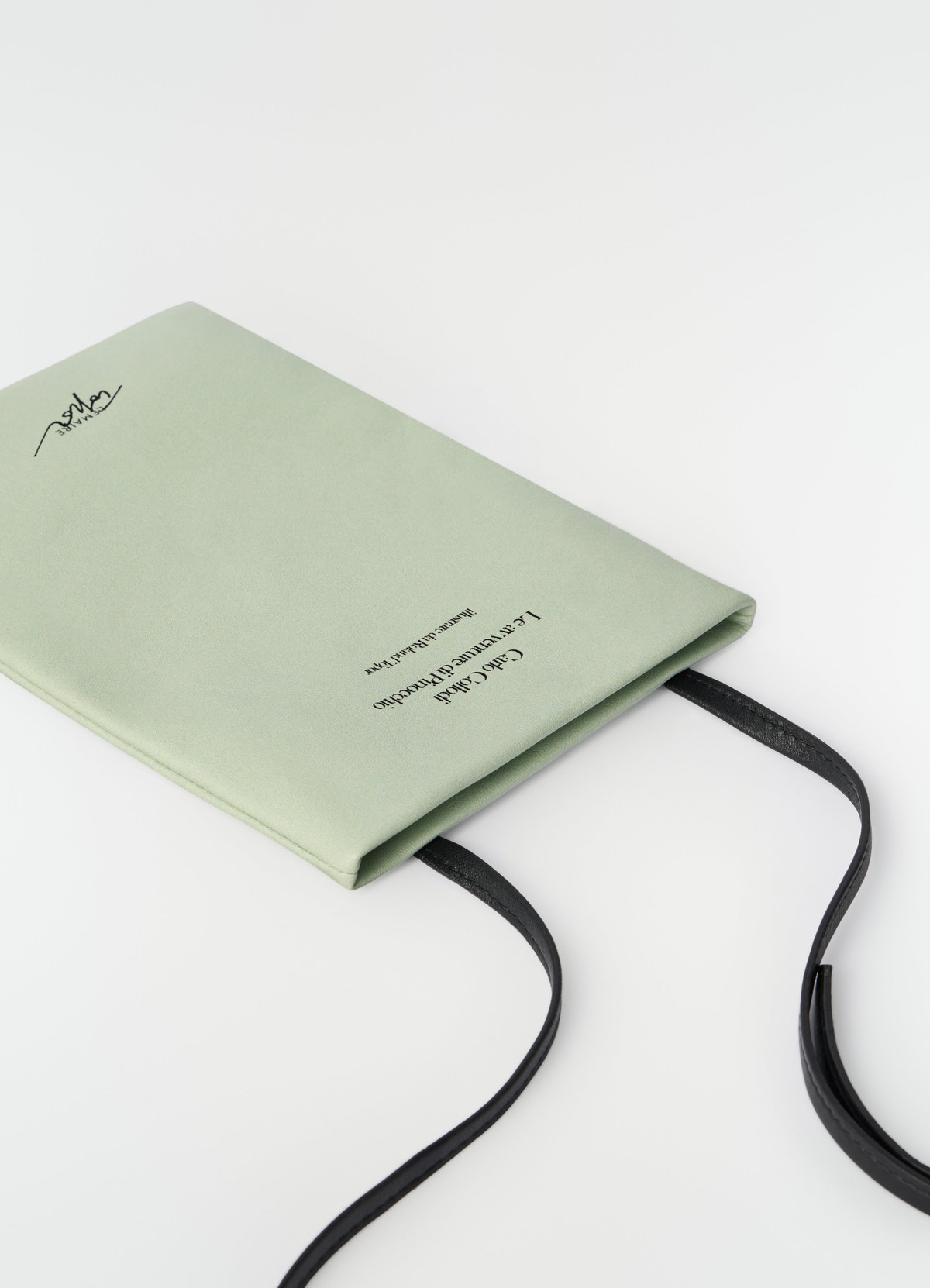 Medium book pouch lemaire light green printed nappa leather with black straps laid flat on white background