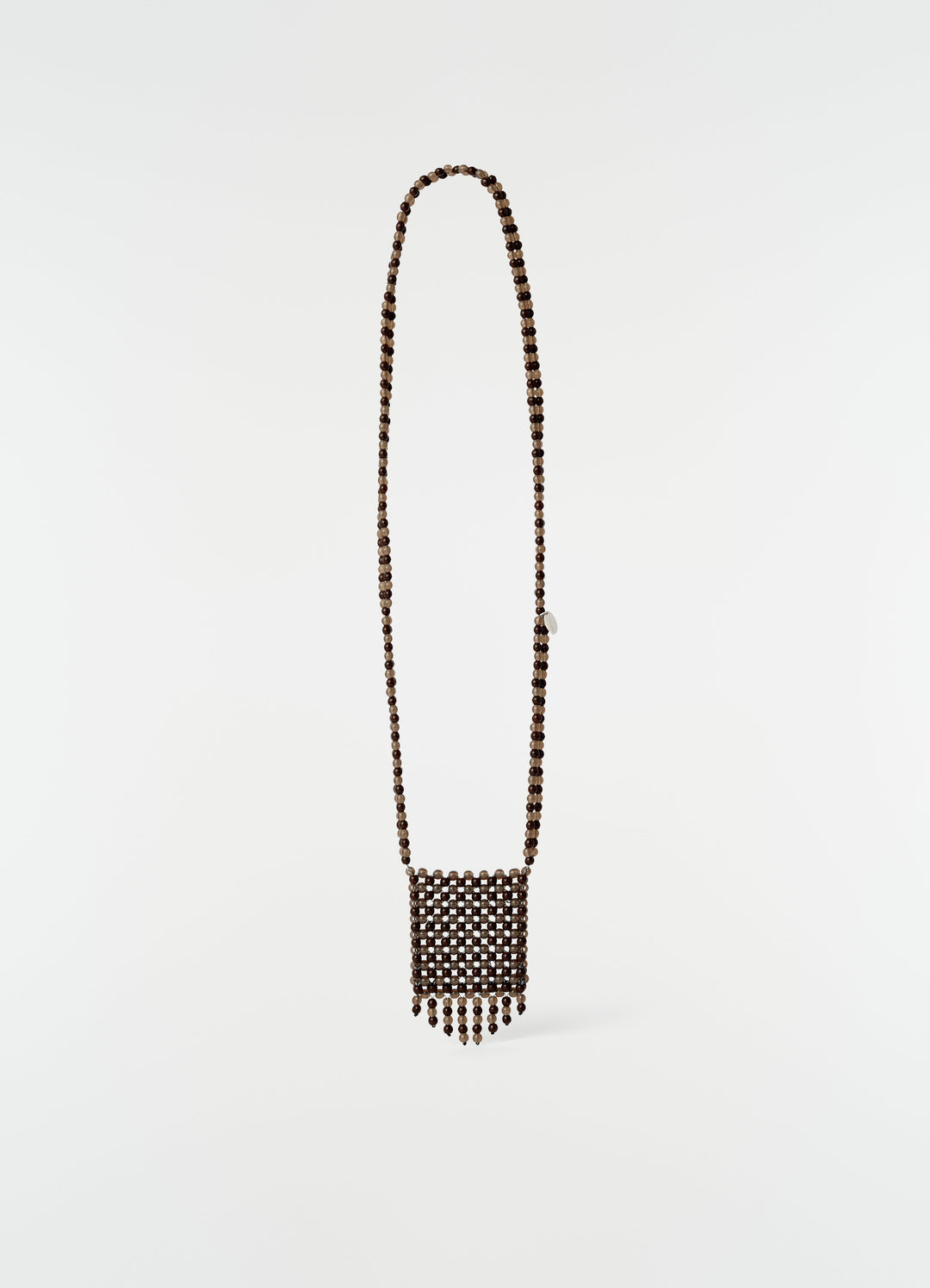 Grigri bag necklace by LEMAIRE in dark brown resin beads with fringe detail on plain white background