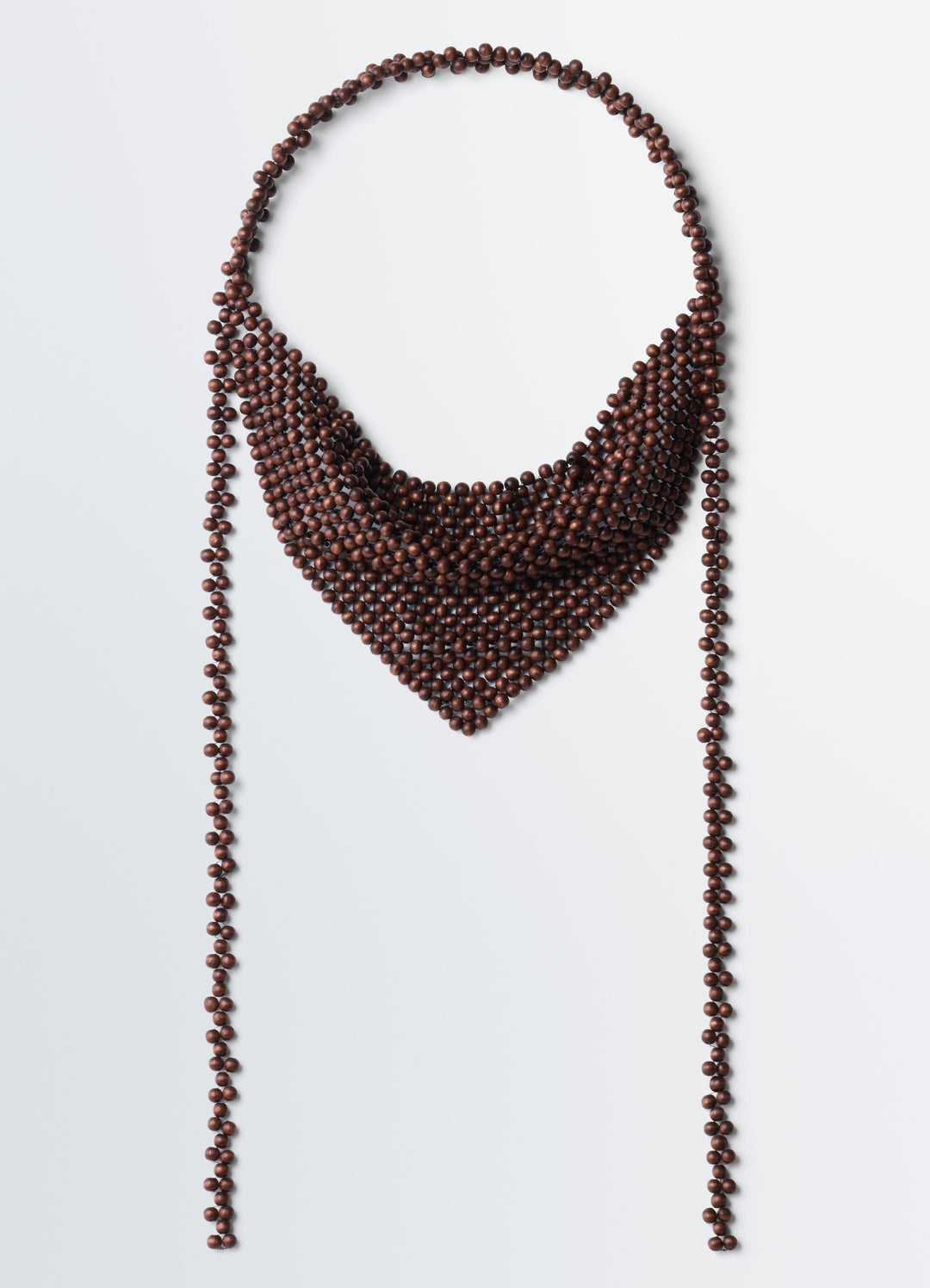 Wooden Beads Bandana Necklace in Wooden beads in neutral tones, product shot, Front view Draped triangular design