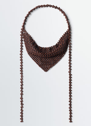 Wooden beads bandana necklace in wooden beads in neutral tones, product shot, front view draped triangular design