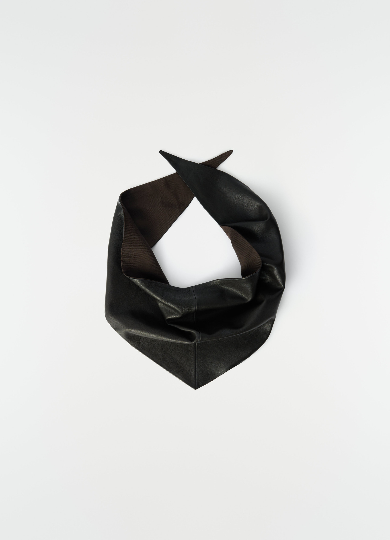 Leather triangle scarf black leather with dark brown lining lemaire plain white background
