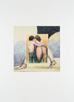 Printed “les amoureux” silk blend scarf in beige with multicolor drawing detail lemaire flat lay on white background