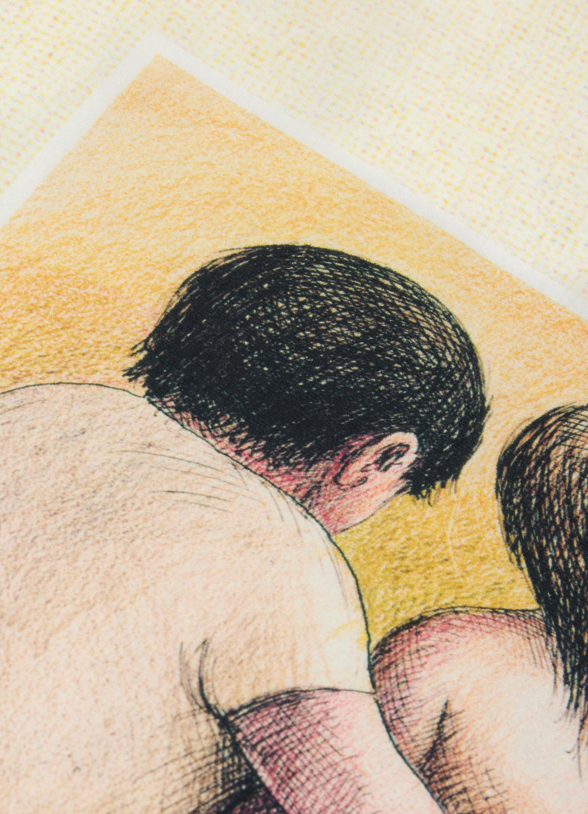 Printed “les amoureux” silk blend scarf by lemaire in yellow and black, close-up of detailed illustration on fabric