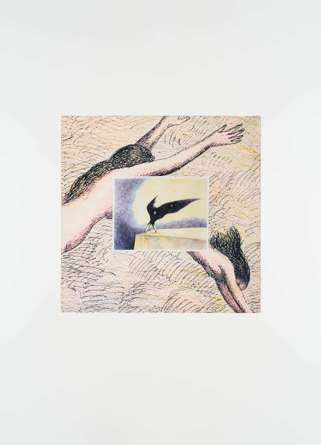 Printed La Nuit 1972 silk blend scarf in pastel tones with black bird and nude figures, LEMAIRE flat lay on white background