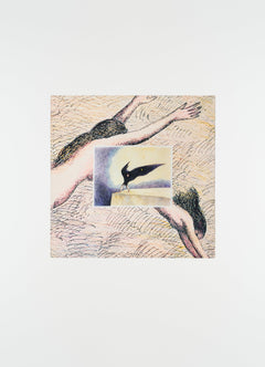 Printed La Nuit 1972 silk blend scarf in pastel tones with black bird and nude figures, LEMAIRE flat lay on white background
