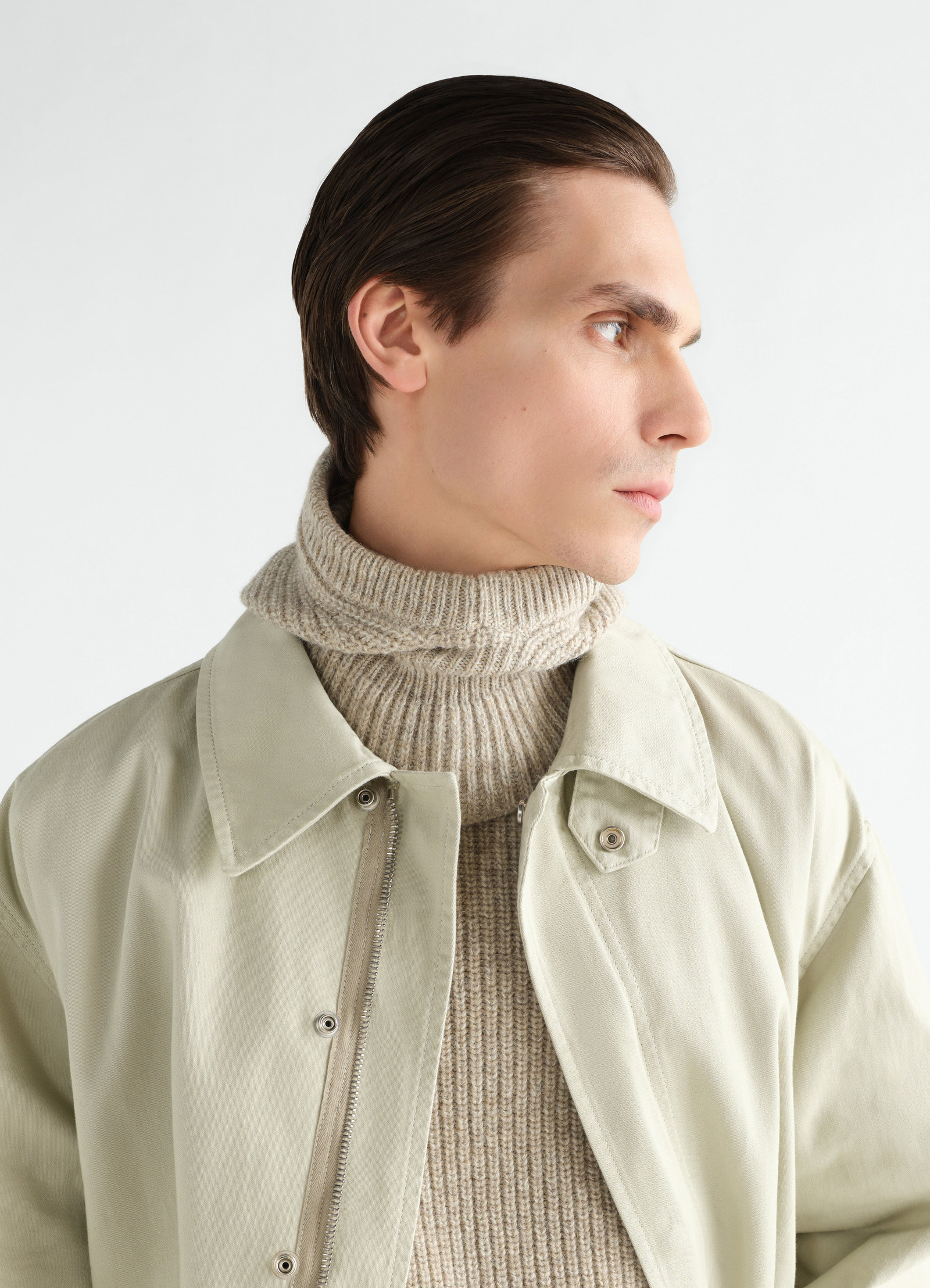 Balaclava in beige alpaca and yak wool blend worn by model with beige jacket front view lemaire