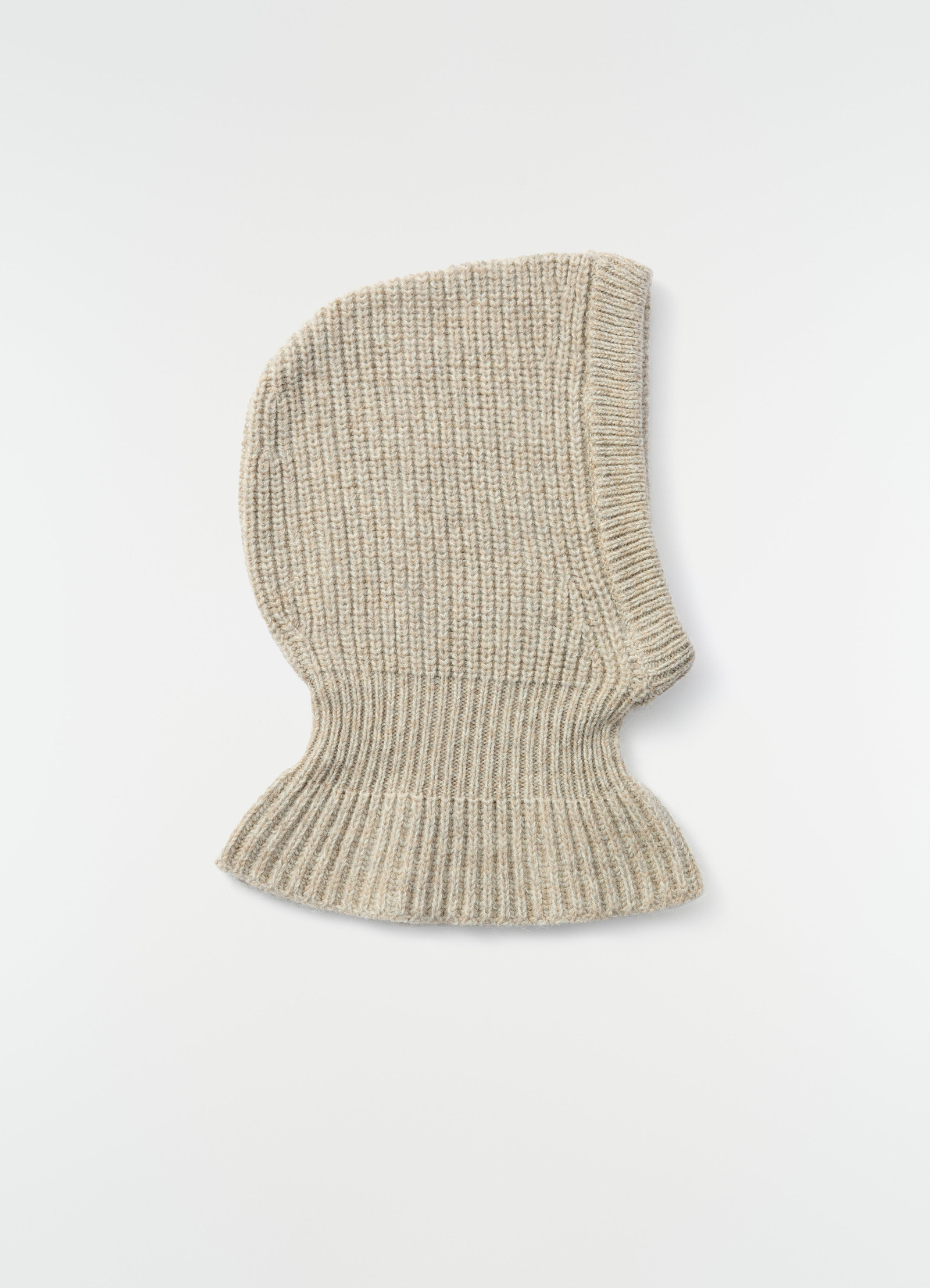 Balaclava in beige alpaca and yak wool blend knit with ribbed hem by lemaire flat lay on white background