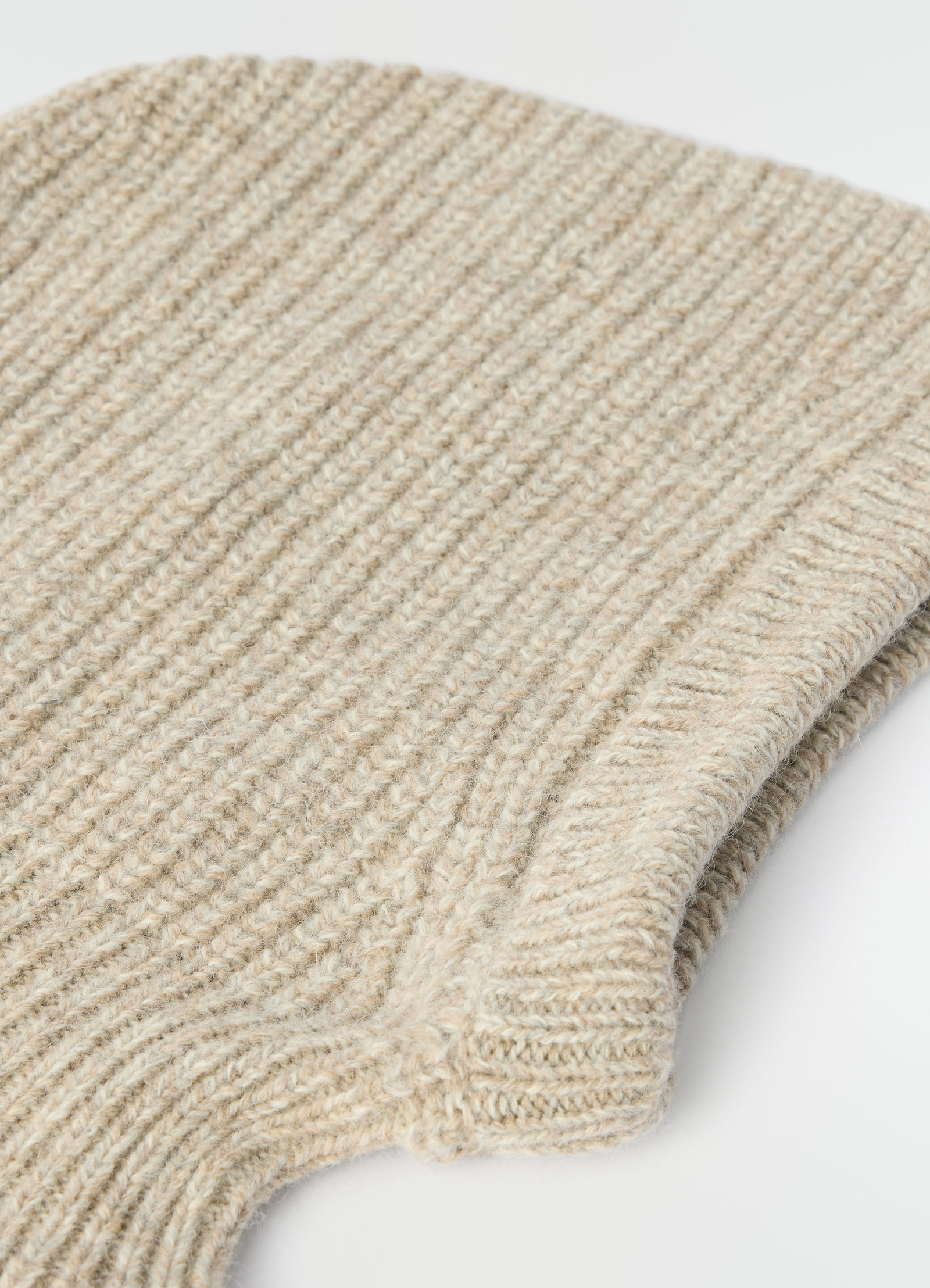 Balaclava in beige alpaca and yak wool blend by lemaire close-up detail on white background