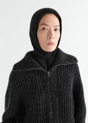 Balaclava in black alpaca and yak wool blend worn by model front close-up lemaire