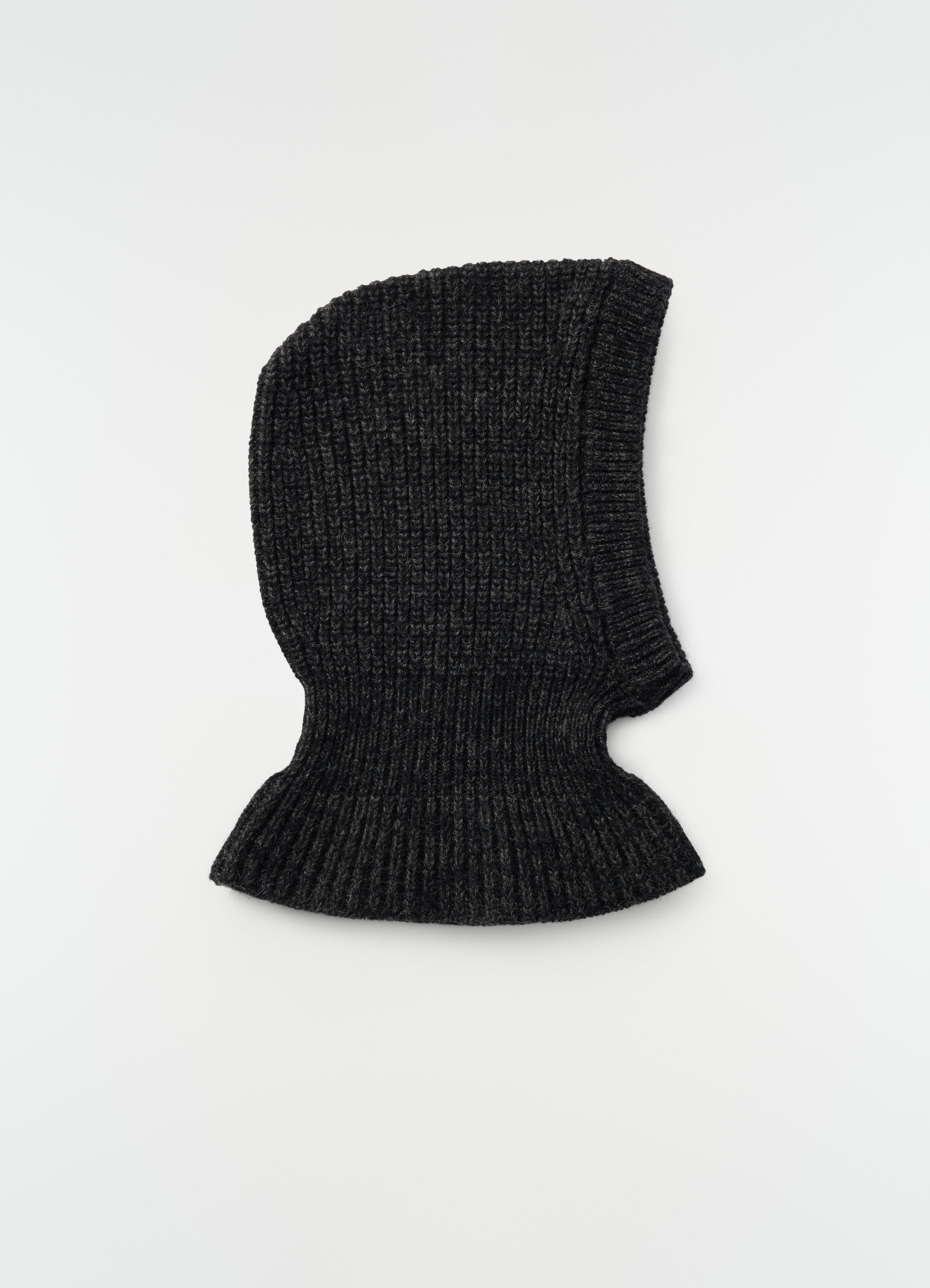Balaclava in charcoal alpaca and yak wool blend by lemaire flat lay on white background
