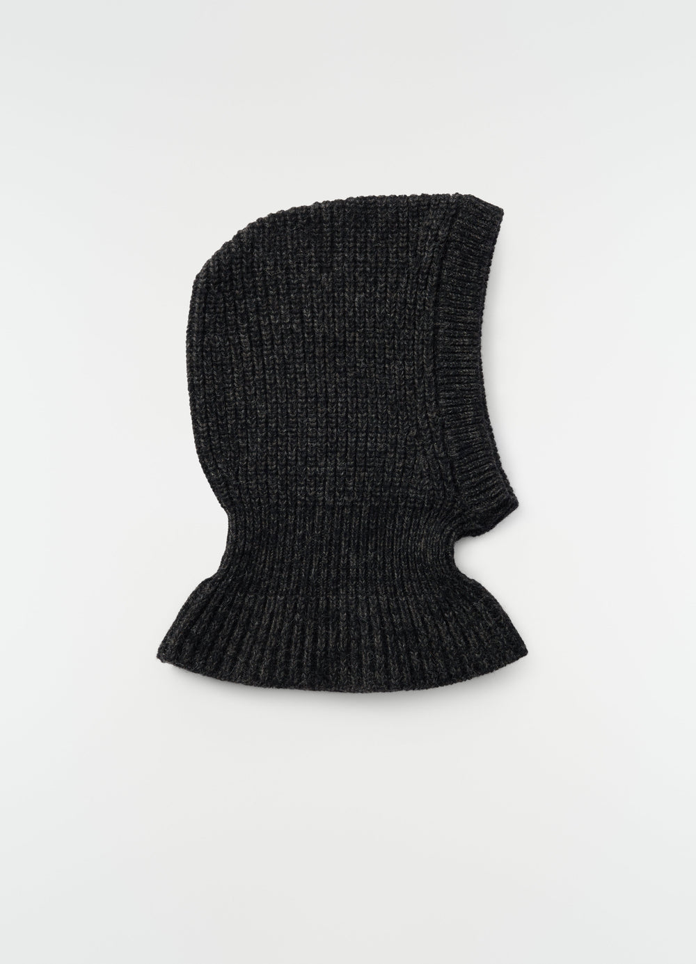 Balaclava in charcoal alpaca and yak wool blend by LEMAIRE flat lay on white background