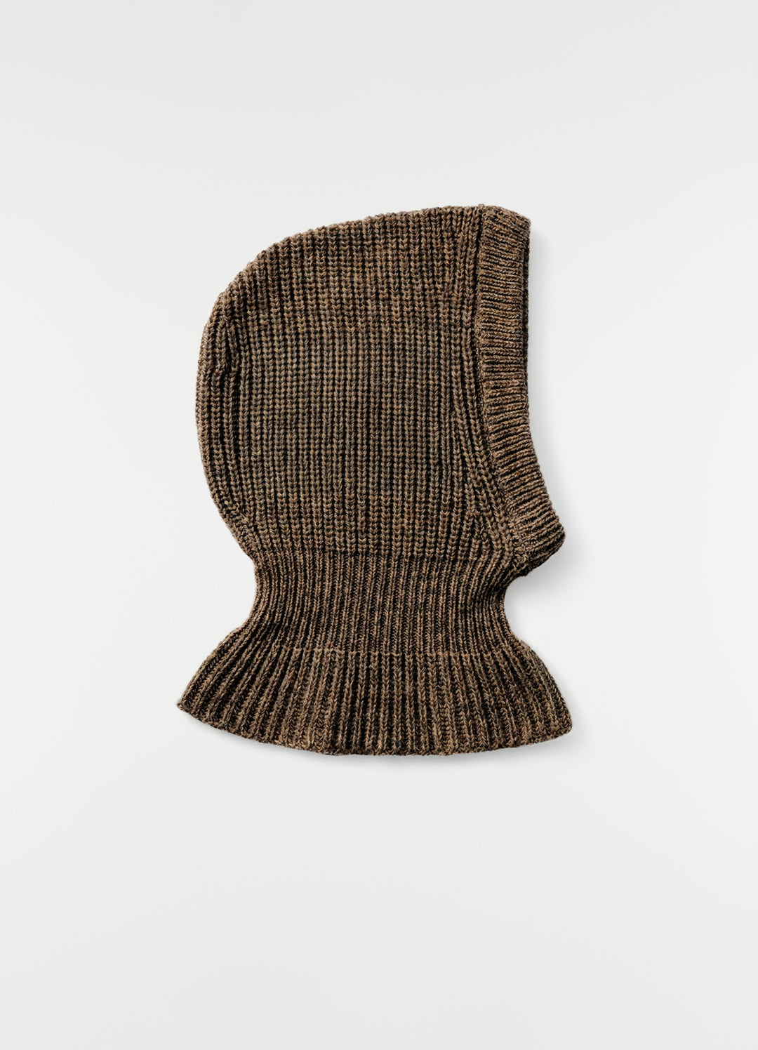 Balaclava in brown alpaca and yak wool blend with ribbed texture by LEMAIRE flat lay on white background